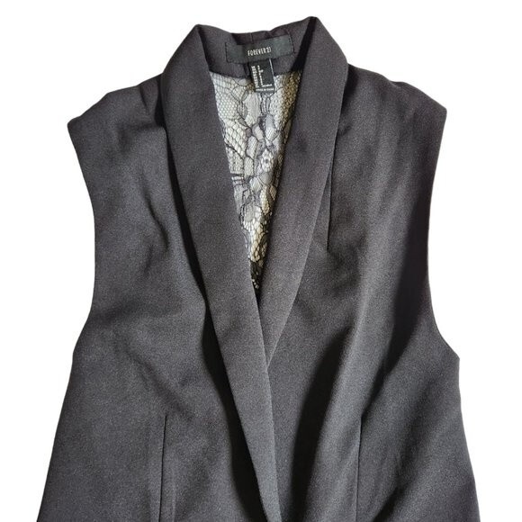 Forever 21 black one button v neck sleeveless vest with lace back detail sz S - Picture 3 of 11